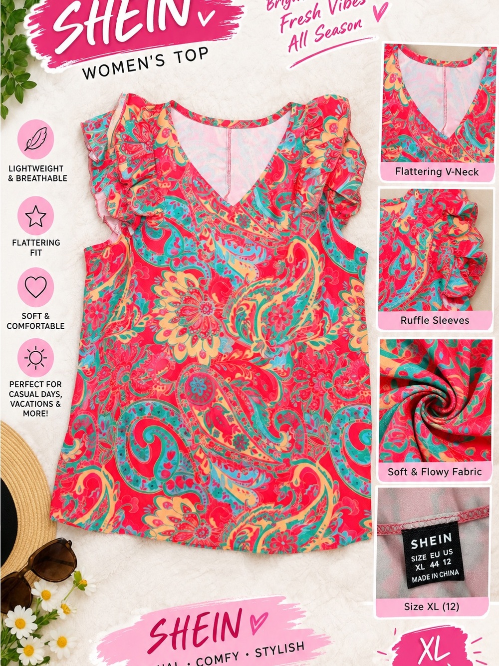 SHEIN Red Paisley V-Neck Ruffle Sleeve Camisole